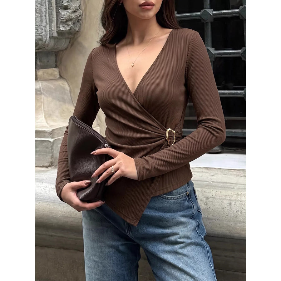 Metal Buckle Detail Surplice T-Shirt Apparel and Accessories