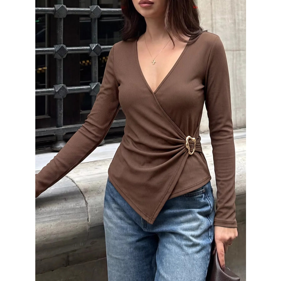 Metal Buckle Detail Surplice T-Shirt Apparel and Accessories