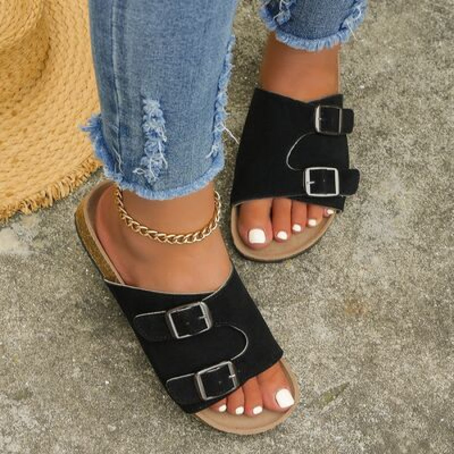 Metal Buckle Open Toe Sandals Black / 36(US5) Apparel and Accessories