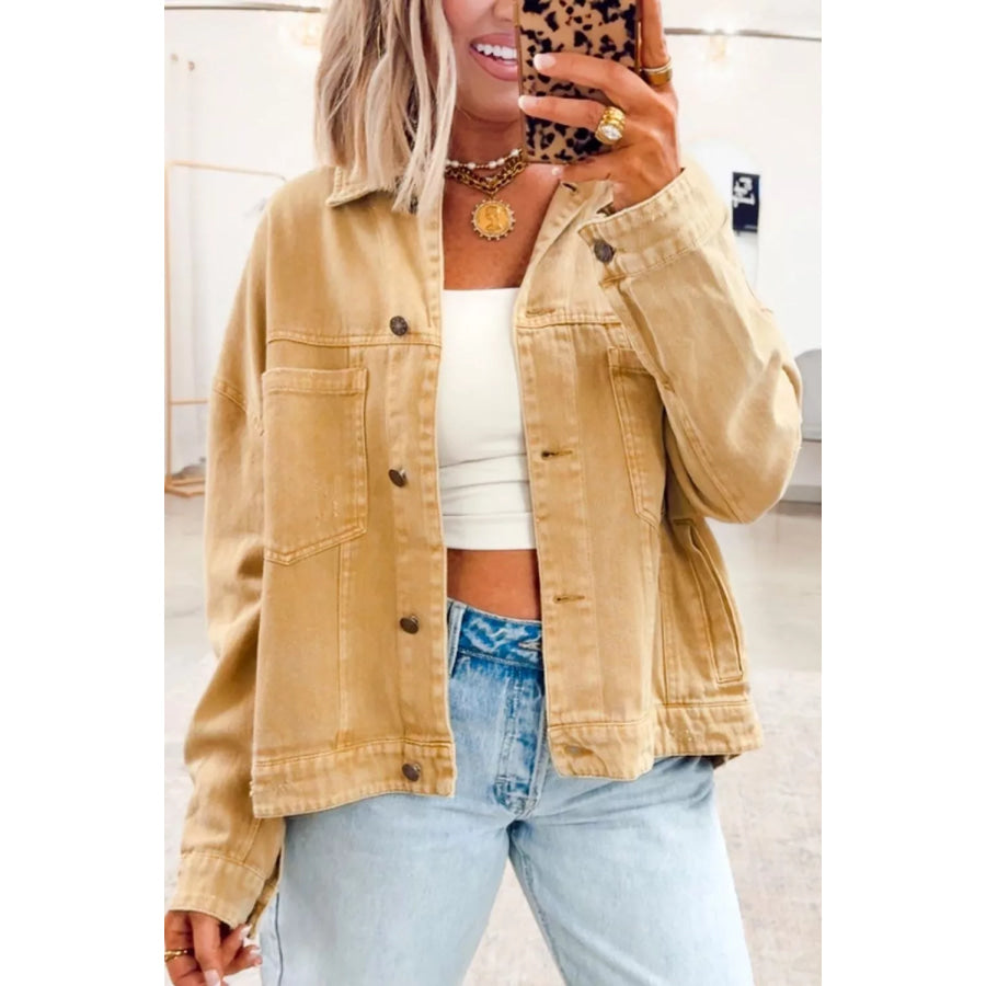 Metal Button Front Long Sleeve Collar Denim Jacket Apparel and Accessories
