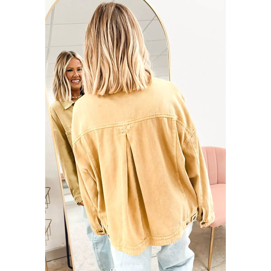 Metal Button Front Long Sleeve Collar Denim Jacket Apparel and Accessories