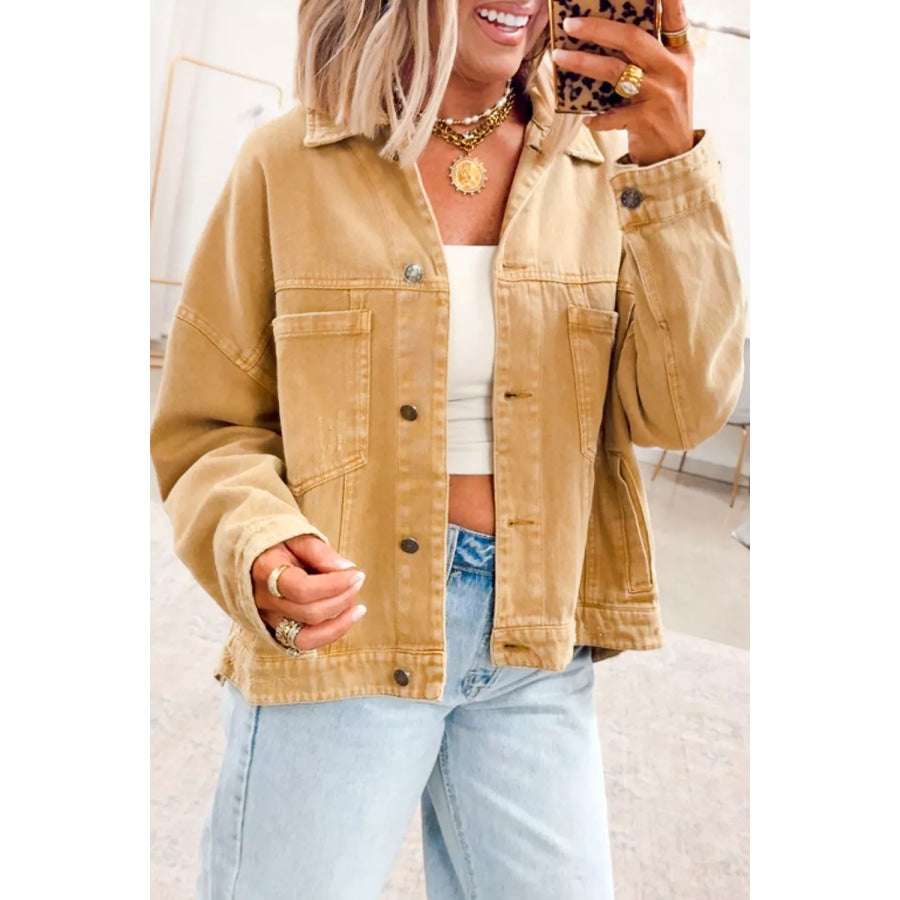 Metal Button Front Long Sleeve Collar Denim Jacket Apparel and Accessories