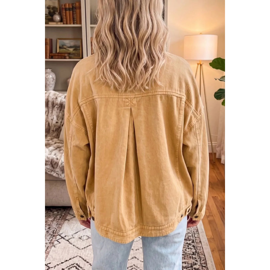 Metal Button Front Long Sleeve Collar Denim Jacket Tan / S Apparel and Accessories