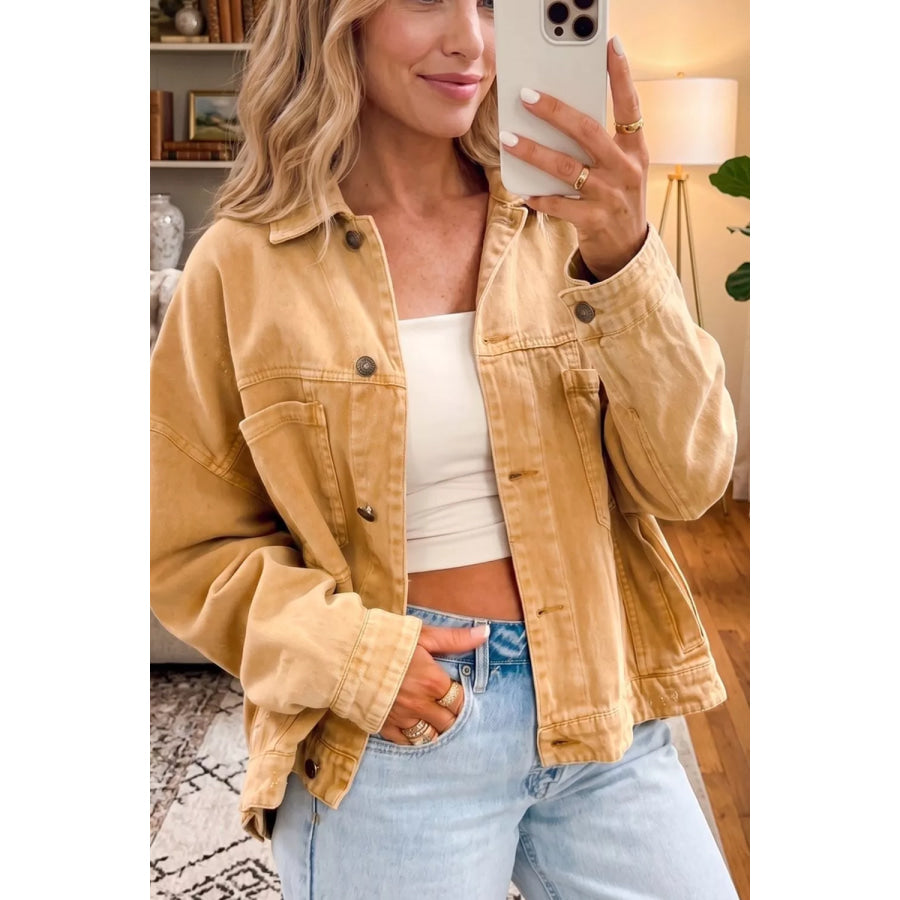 Metal Button Front Long Sleeve Collar Denim Jacket Tan / S Apparel and Accessories