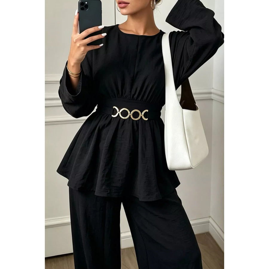 Metal Chain Waist Detail Top and Pants Set Apparel and Accessories