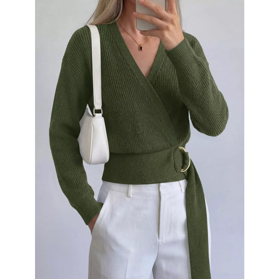 Metal Ring Detail Dropped Shoulder Sweater Army Green / S Apparel and Accessories