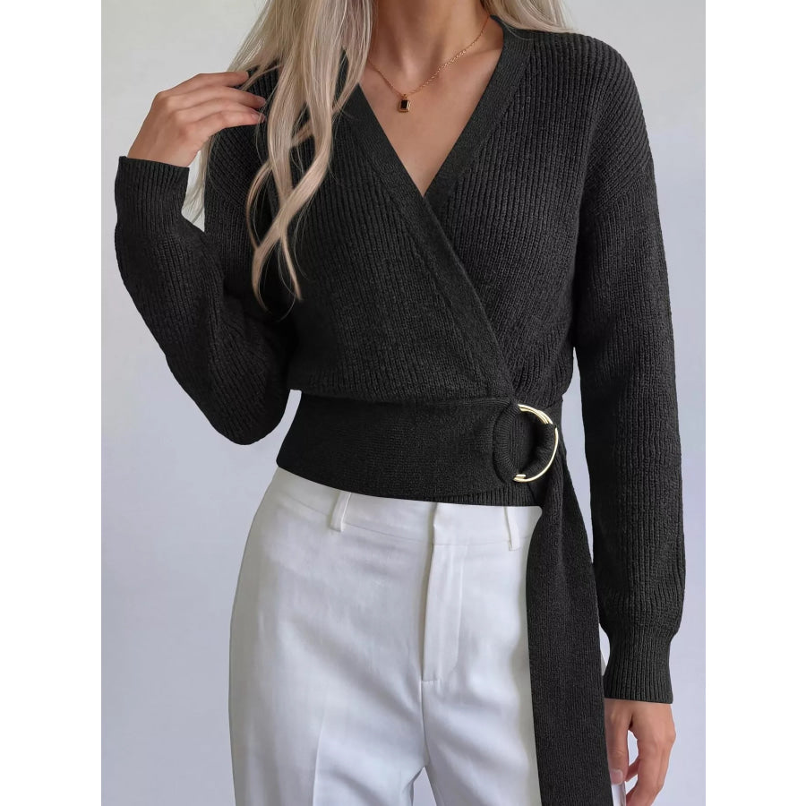 Metal Ring Detail Dropped Shoulder Sweater Black / S Apparel and Accessories