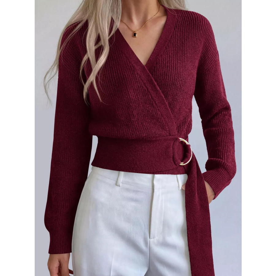 Metal Ring Detail Dropped Shoulder Sweater Burgundy / S Apparel and Accessories