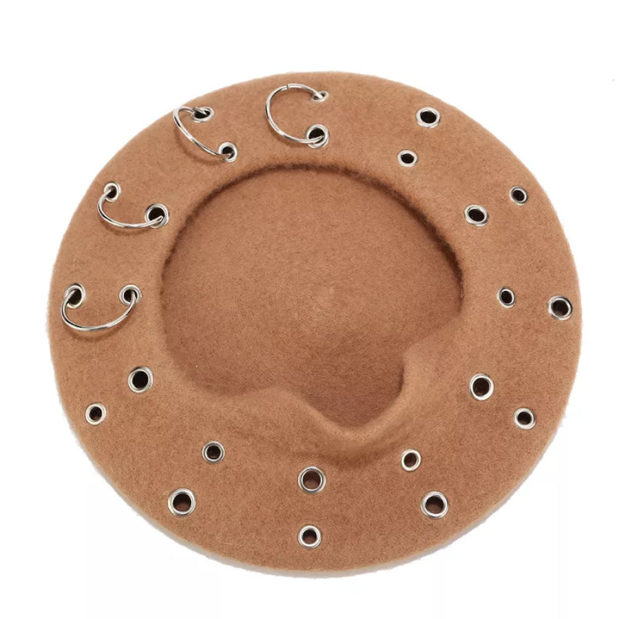 Metal Ring Embellished Beret Hat Apparel and Accessories