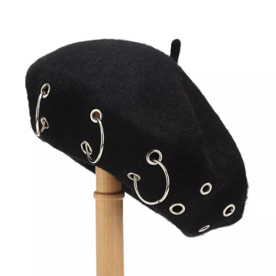 Metal Ring Embellished Beret Hat Black / One Size Apparel and Accessories