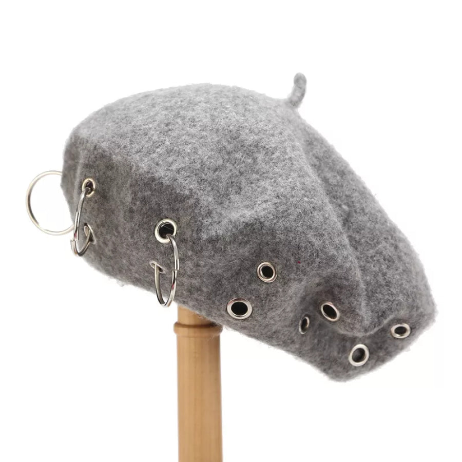 Metal Ring Embellished Beret Hat Grey / One Size Apparel and Accessories