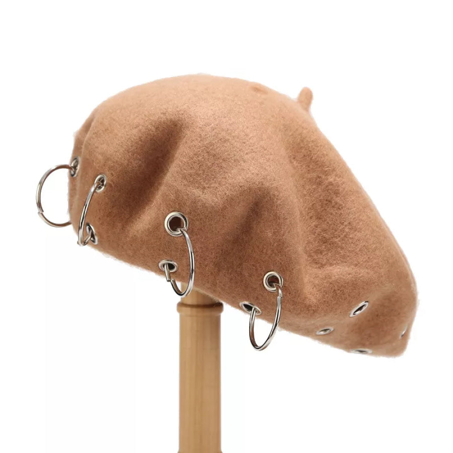 Metal Ring Embellished Beret Hat Khaki / One Size Apparel and Accessories