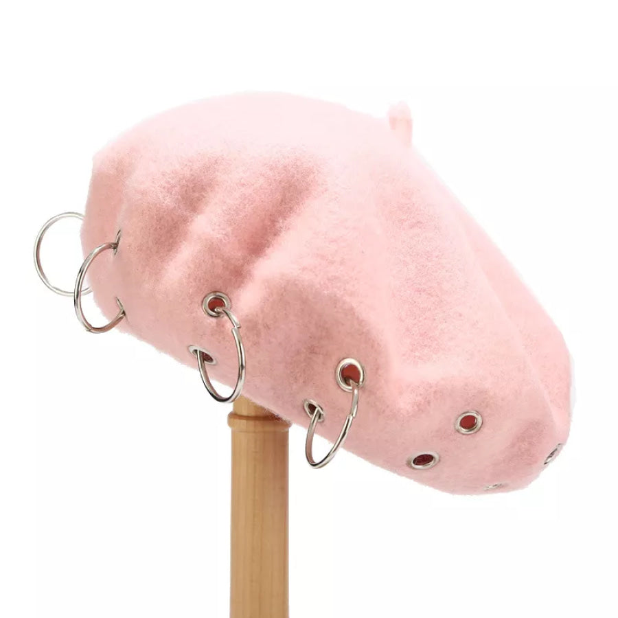 Metal Ring Embellished Beret Hat Pink / One Size Apparel and Accessories
