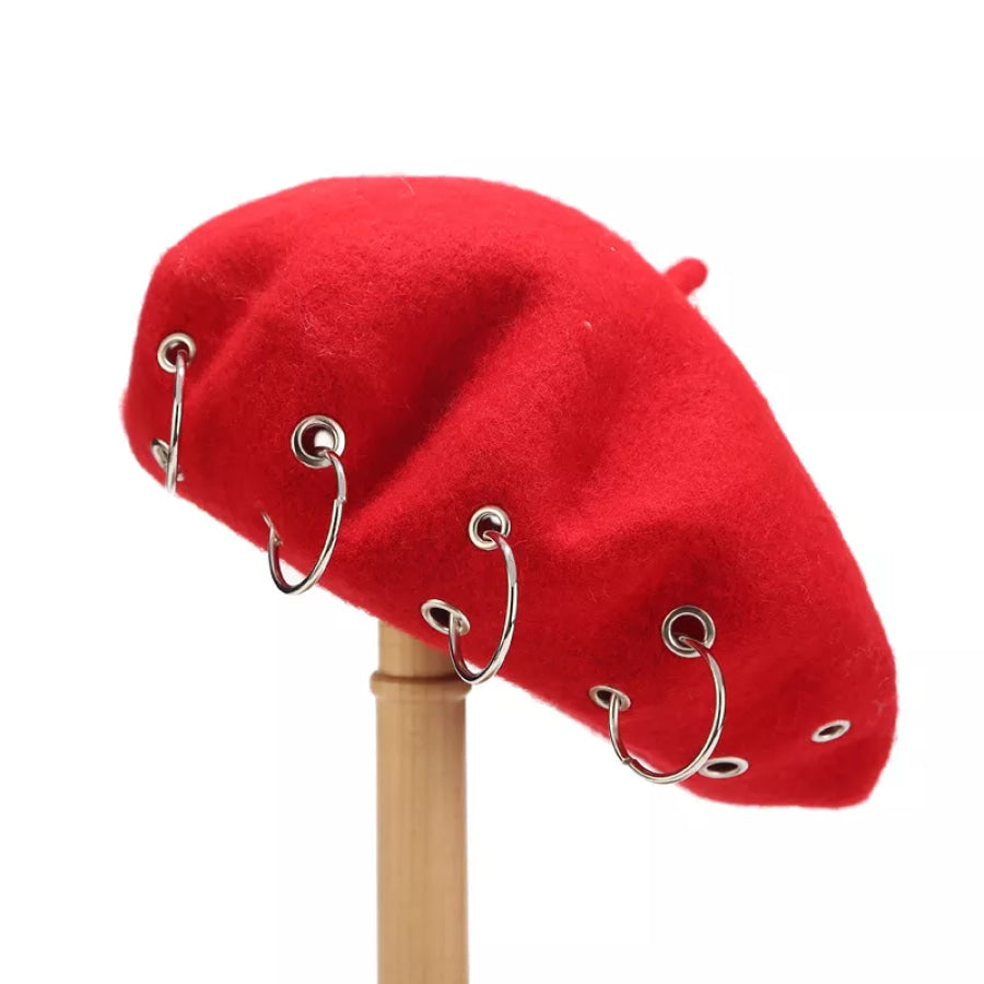 Metal Ring Embellished Beret Hat Red / One Size Apparel and Accessories