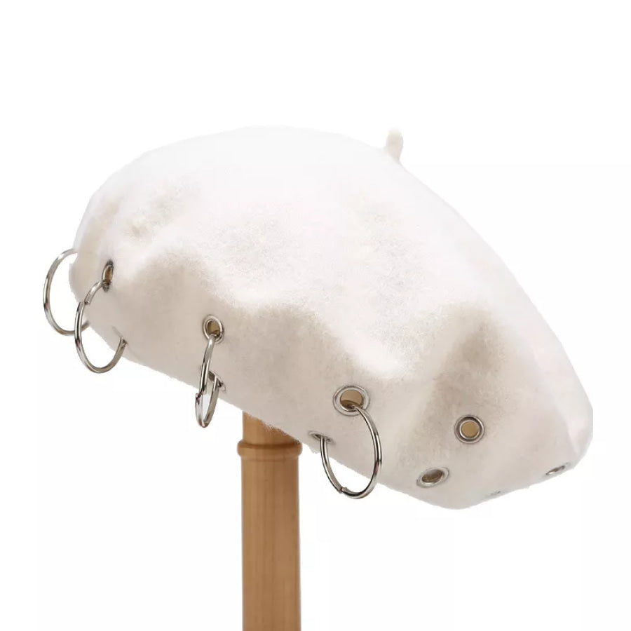 Metal Ring Embellished Beret Hat White / One Size Apparel and Accessories