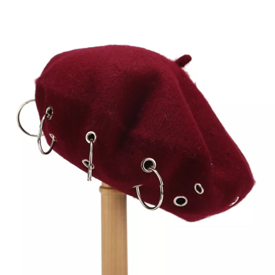 Metal Ring Embellished Beret Hat Wine Red / One Size Apparel and Accessories