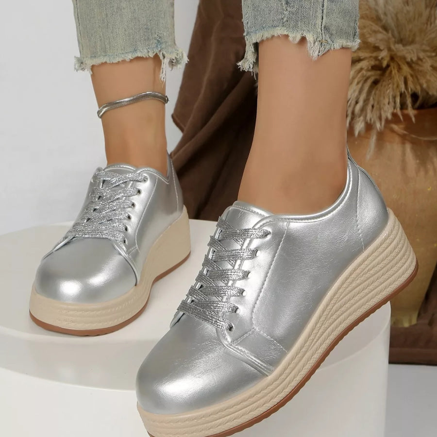 Metallic Platform Sneakers with Height-Increasing Sole Apparel and Accessories