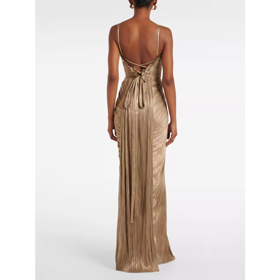 Metallic Pleated Corset Maxi Dress Apparel and Accessories