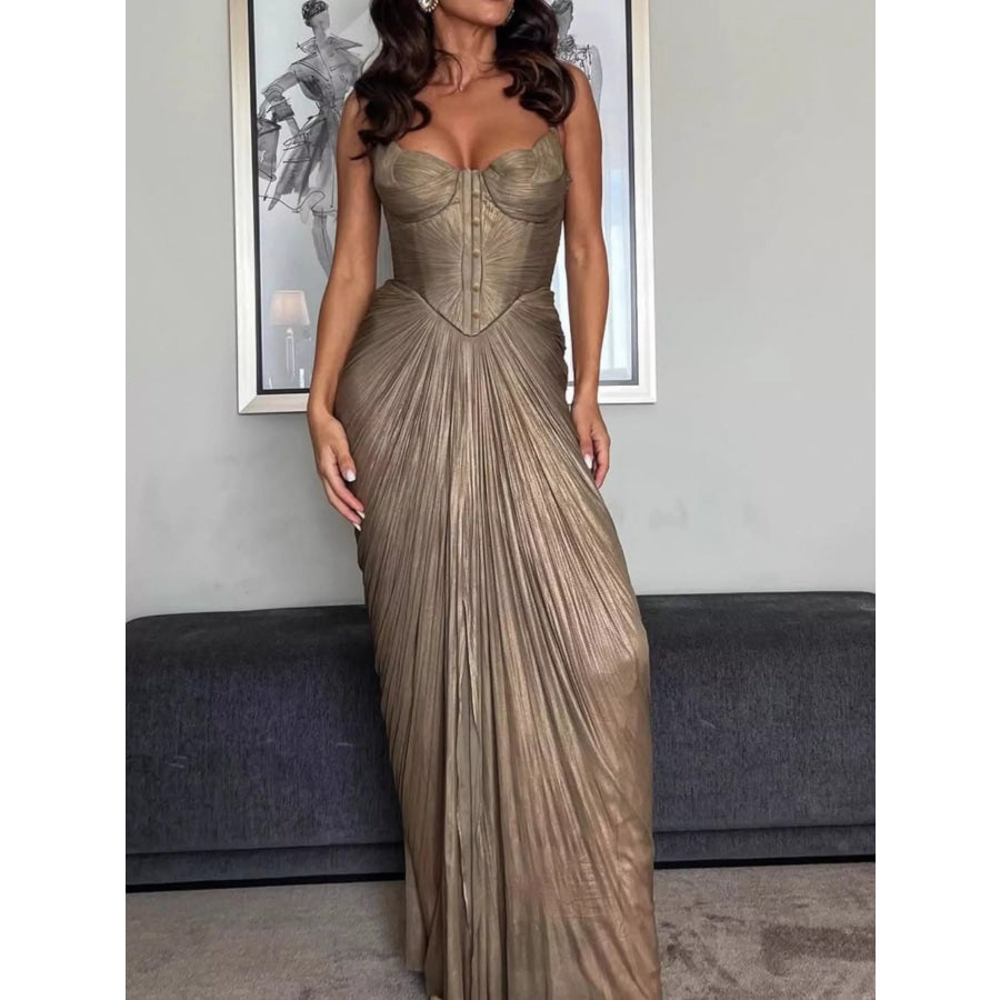 Metallic Pleated Corset Maxi Dress Apparel and Accessories
