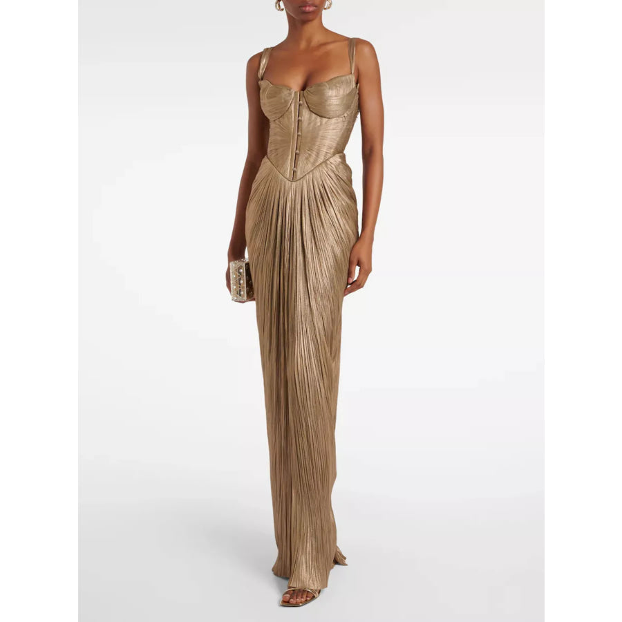 Metallic Pleated Corset Maxi Dress Gold / S Apparel and Accessories