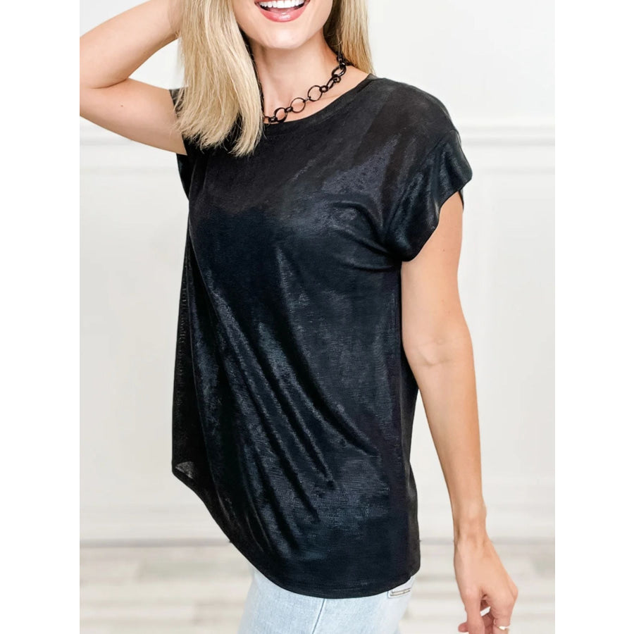 Metallic Round Neck Cap Sleeve Tee Apparel and Accessories