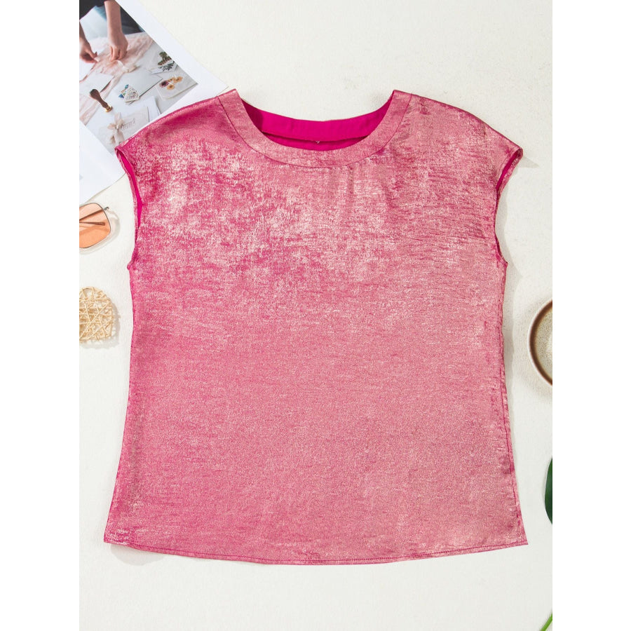 Metallic Round Neck Cap Sleeve Tee Apparel and Accessories