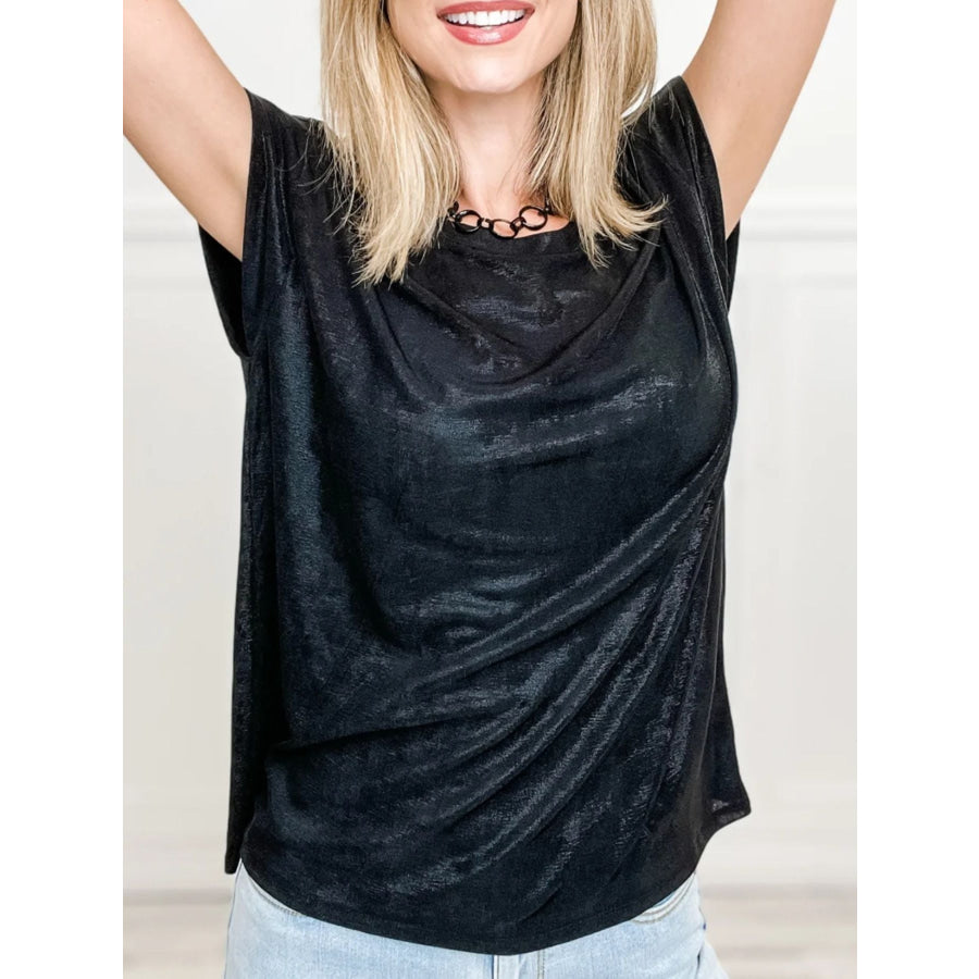 Metallic Round Neck Cap Sleeve Tee Black / S Apparel and Accessories
