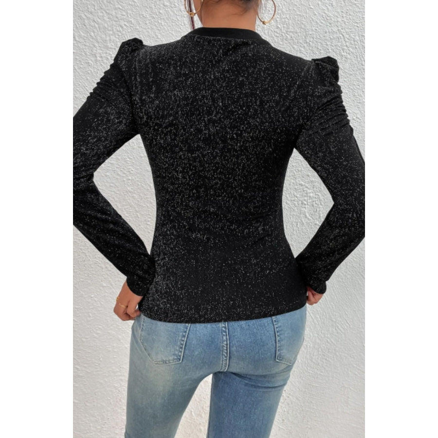 Metallic Round Neck Puff Sleeve Blouse Apparel and Accessories