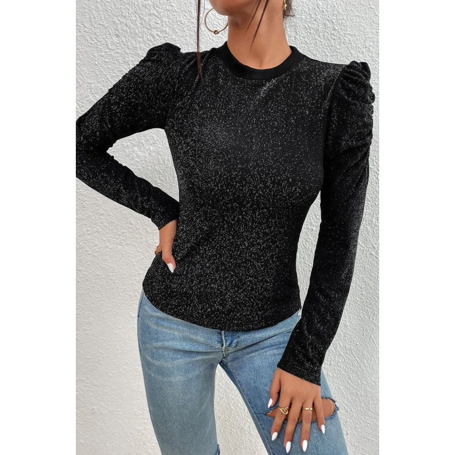 Metallic Round Neck Puff Sleeve Blouse Apparel and Accessories