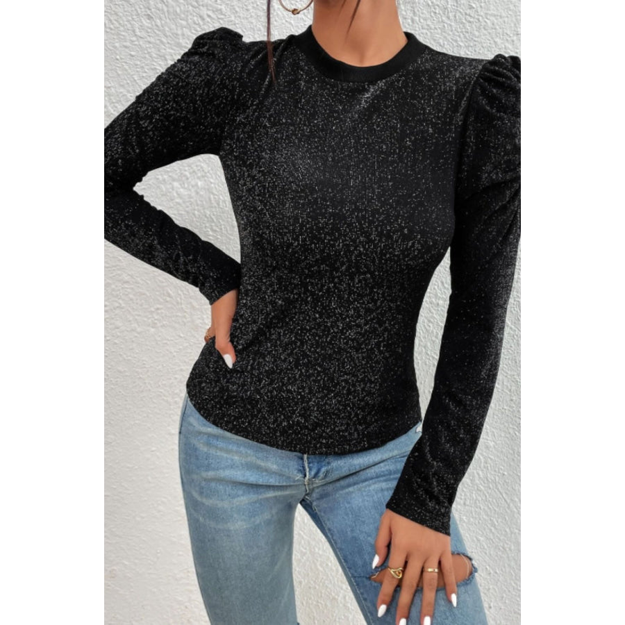 Metallic Round Neck Puff Sleeve Blouse Black / S Apparel and Accessories