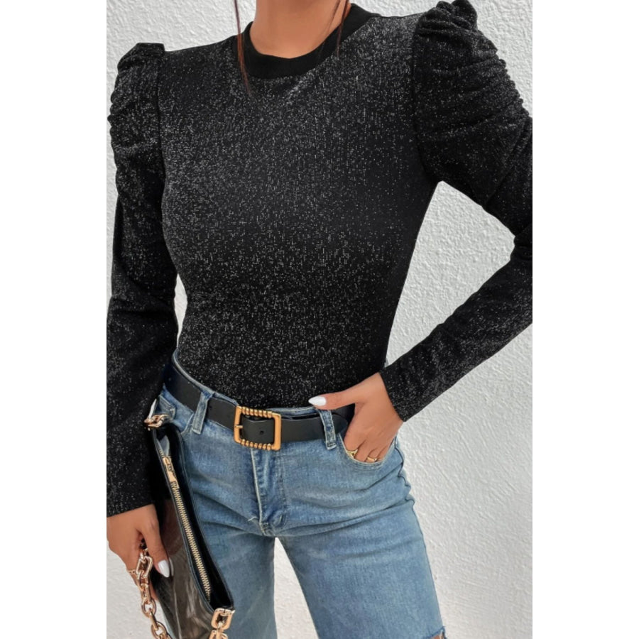 Metallic Round Neck Puff Sleeve Blouse Apparel and Accessories