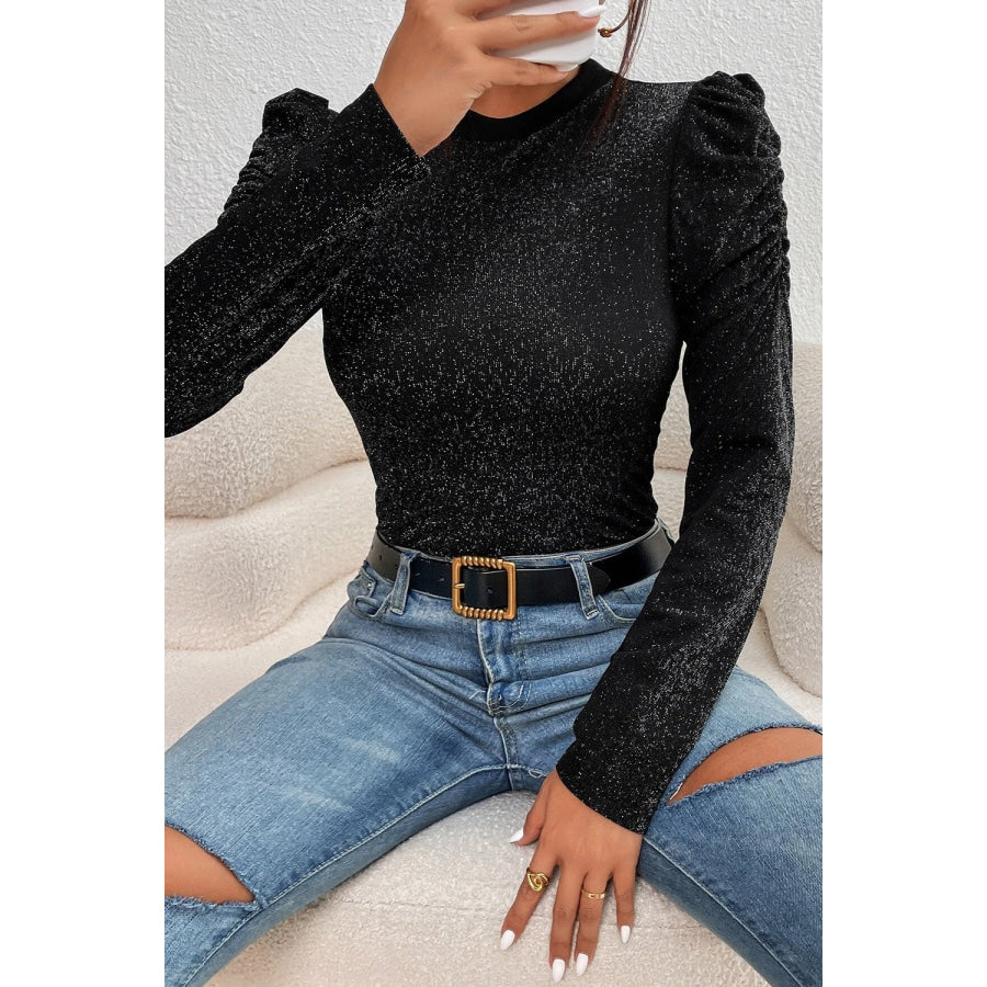 Metallic Round Neck Puff Sleeve Blouse Apparel and Accessories