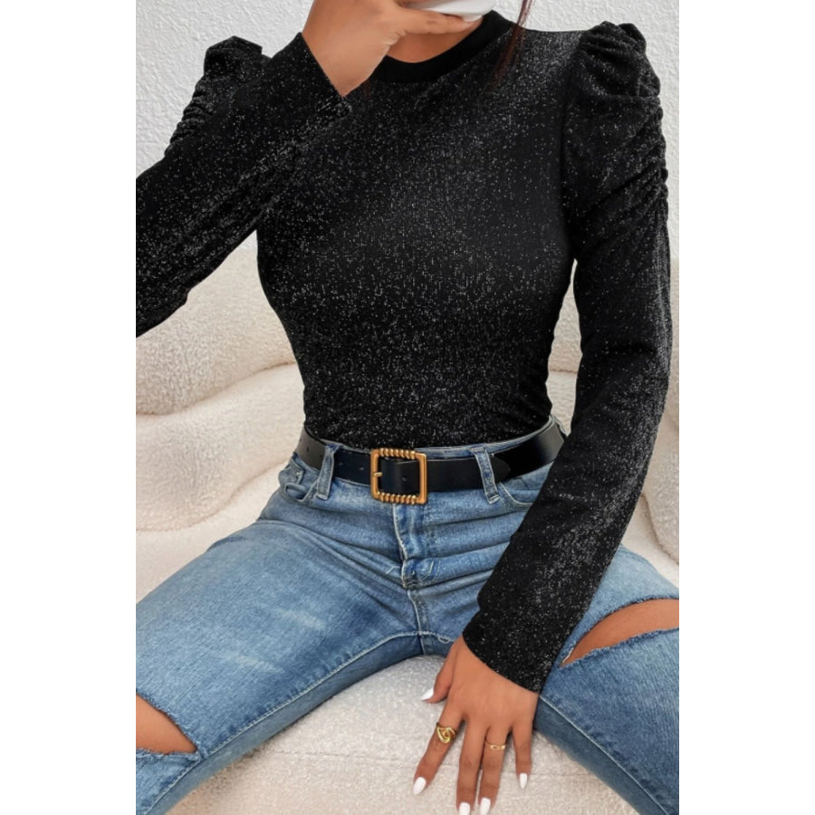 Metallic Round Neck Puff Sleeve Blouse Apparel and Accessories