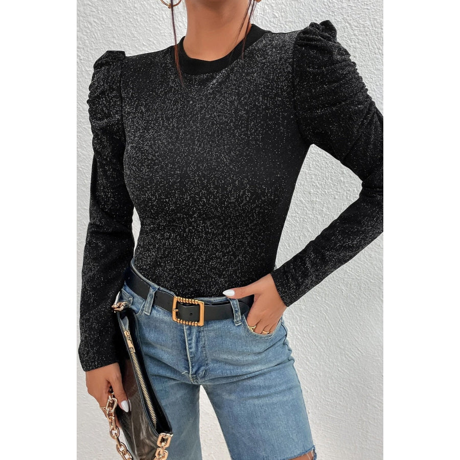 Metallic Round Neck Puff Sleeve Blouse Apparel and Accessories