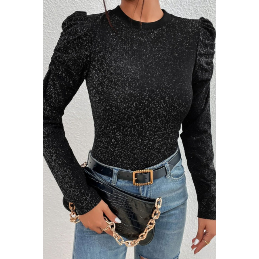 Metallic Round Neck Puff Sleeve Blouse Black / S Apparel and Accessories