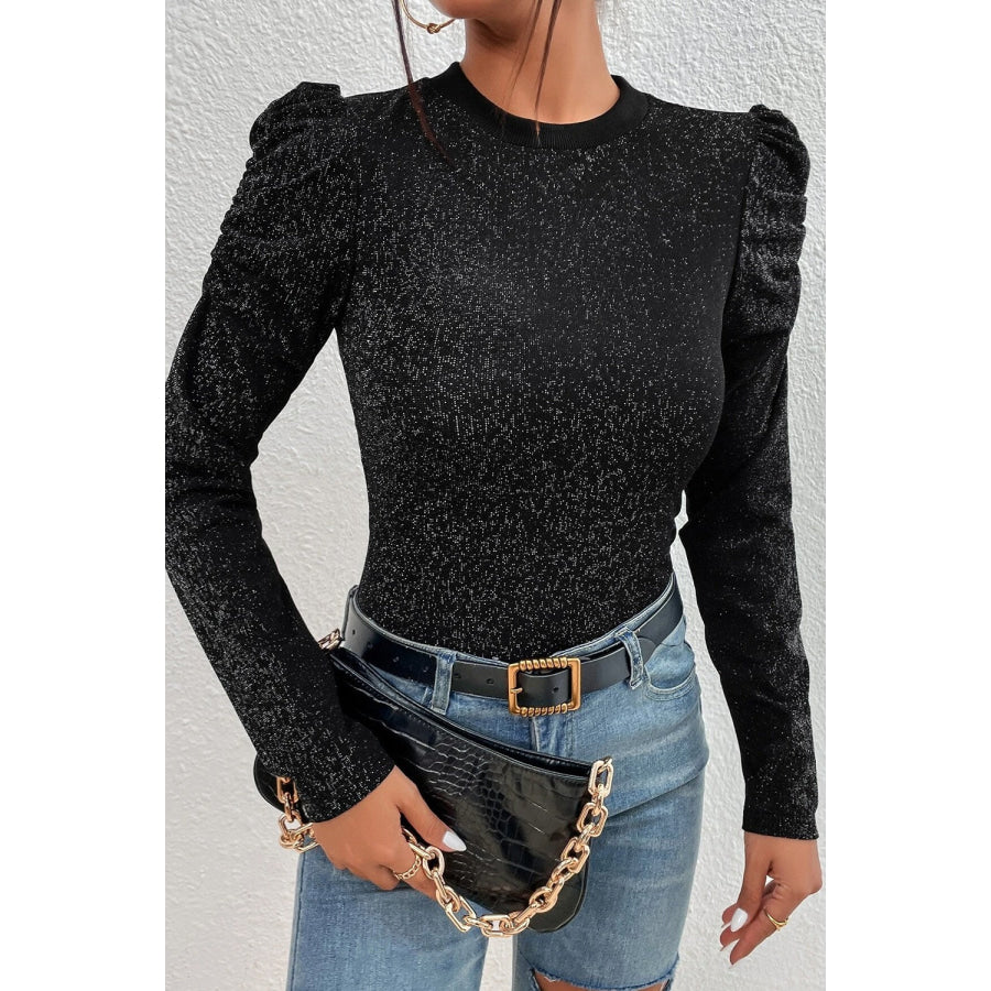 Metallic Round Neck Puff Sleeve Blouse Black / S Apparel and Accessories