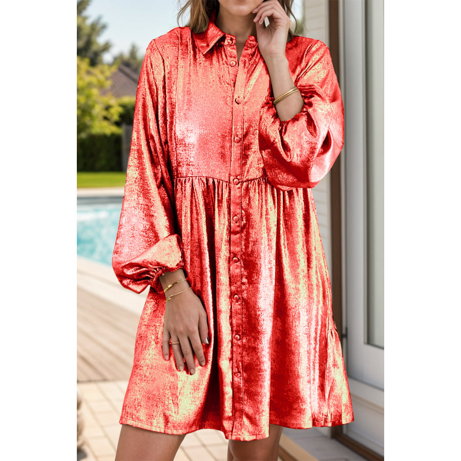 Metallic Sheen Long Sleeve Mini Dress Burnt Coral / S Apparel and Accessories