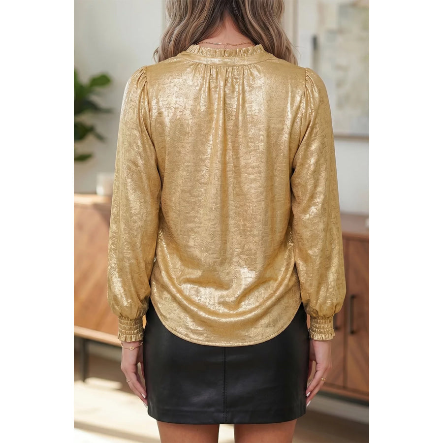 Metallic Sheen V Neck Gathered Cuff Long Sleeve Blouse Apparel and Accessories