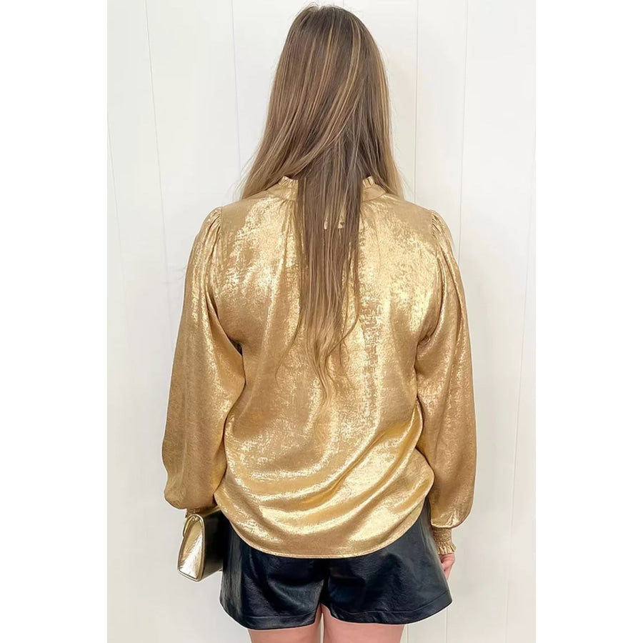 Metallic Sheen V Neck Gathered Cuff Long Sleeve Blouse Apparel and Accessories