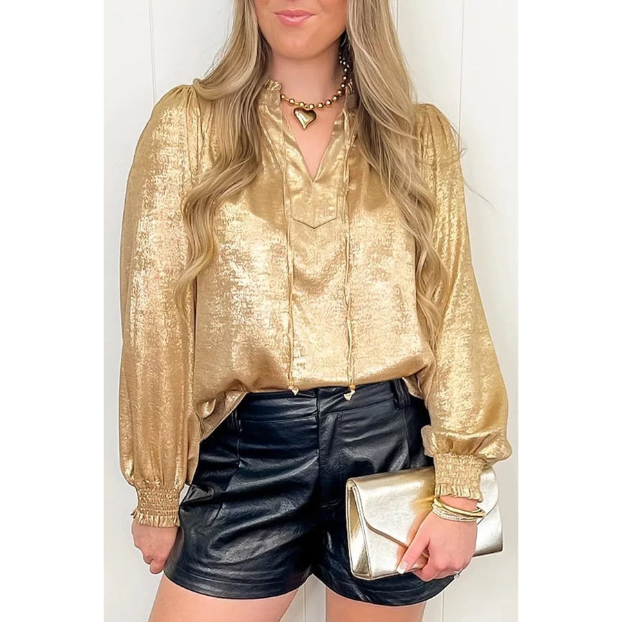 Metallic Sheen V Neck Gathered Cuff Long Sleeve Blouse Apparel and Accessories