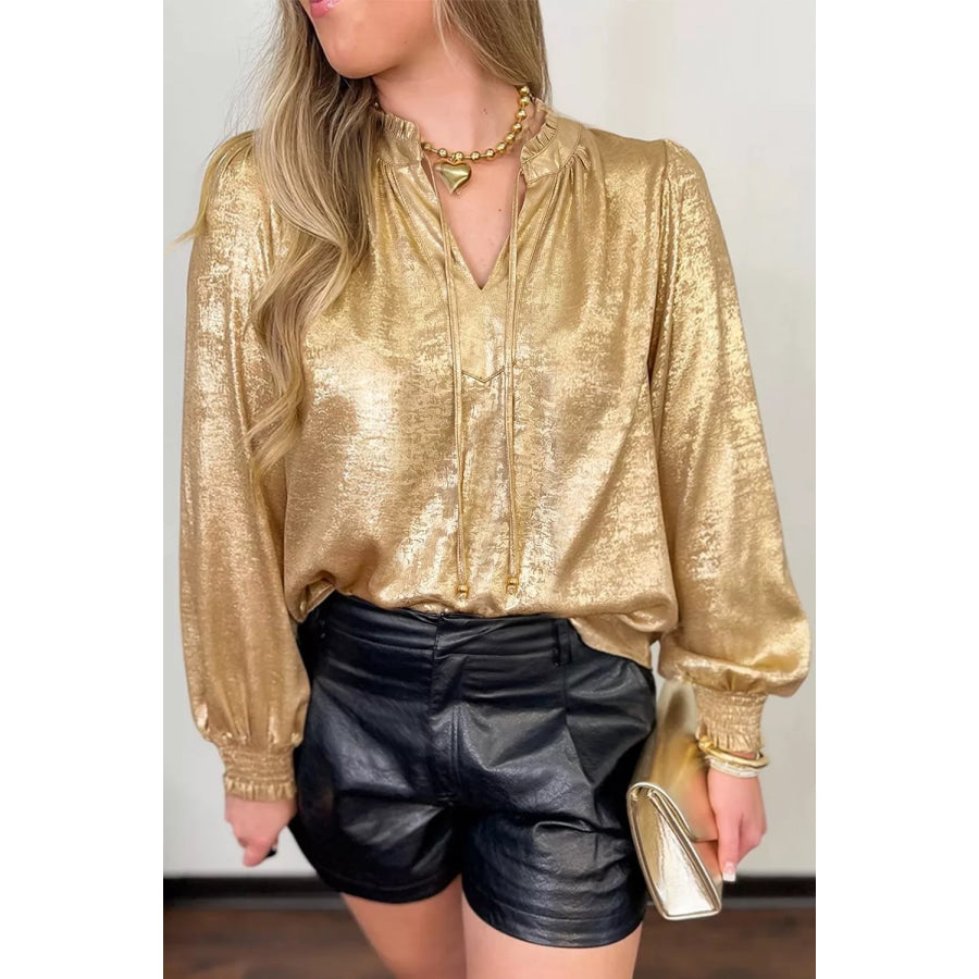 Metallic Sheen V Neck Gathered Cuff Long Sleeve Blouse Apparel and Accessories