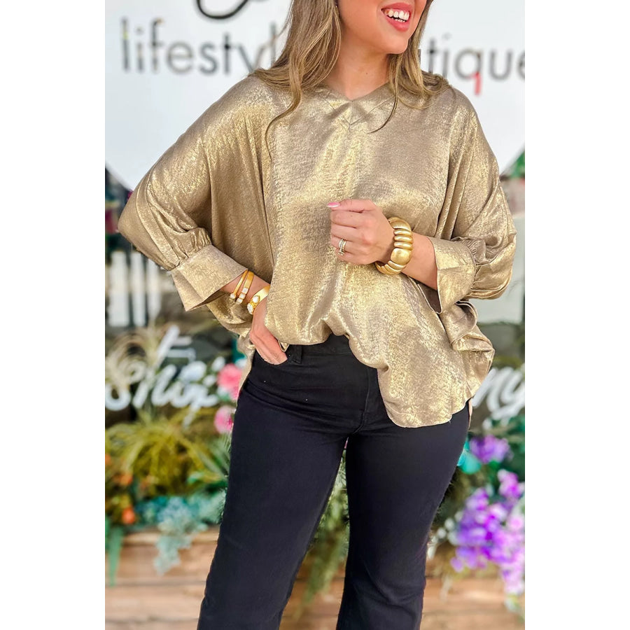 Metallic V Neck Button Cuffed Long Sleeve Dolman Blouse Apparel and Accessories