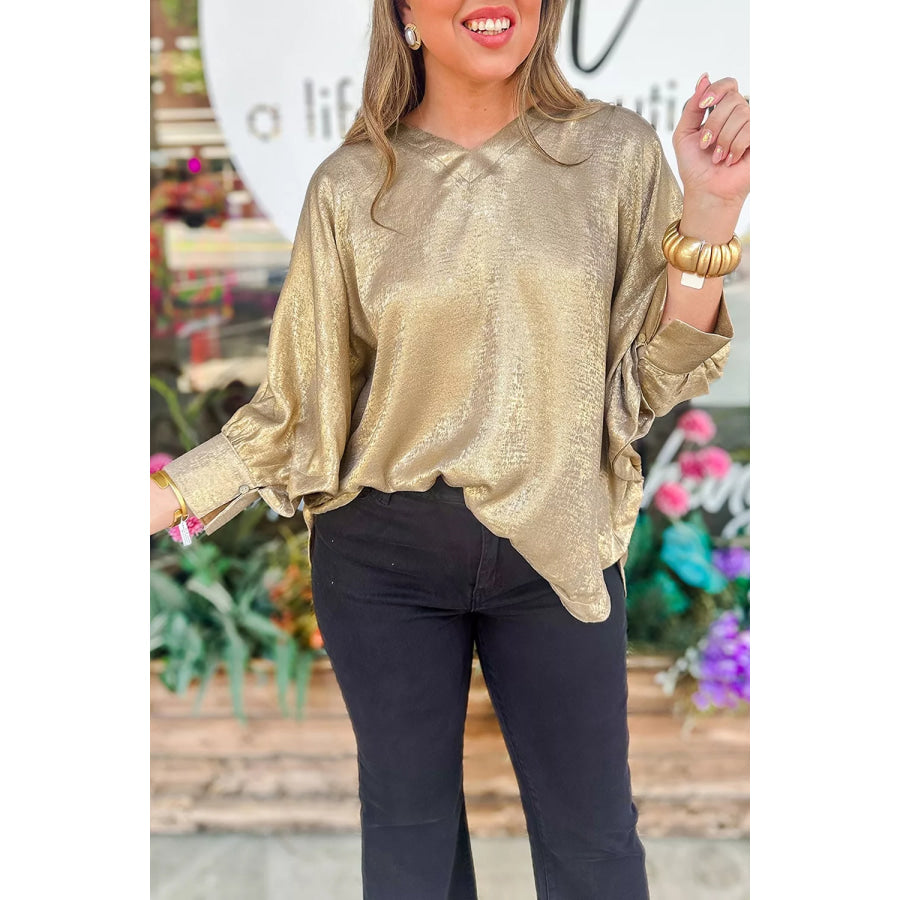 Metallic V Neck Button Cuffed Long Sleeve Dolman Blouse Apparel and Accessories