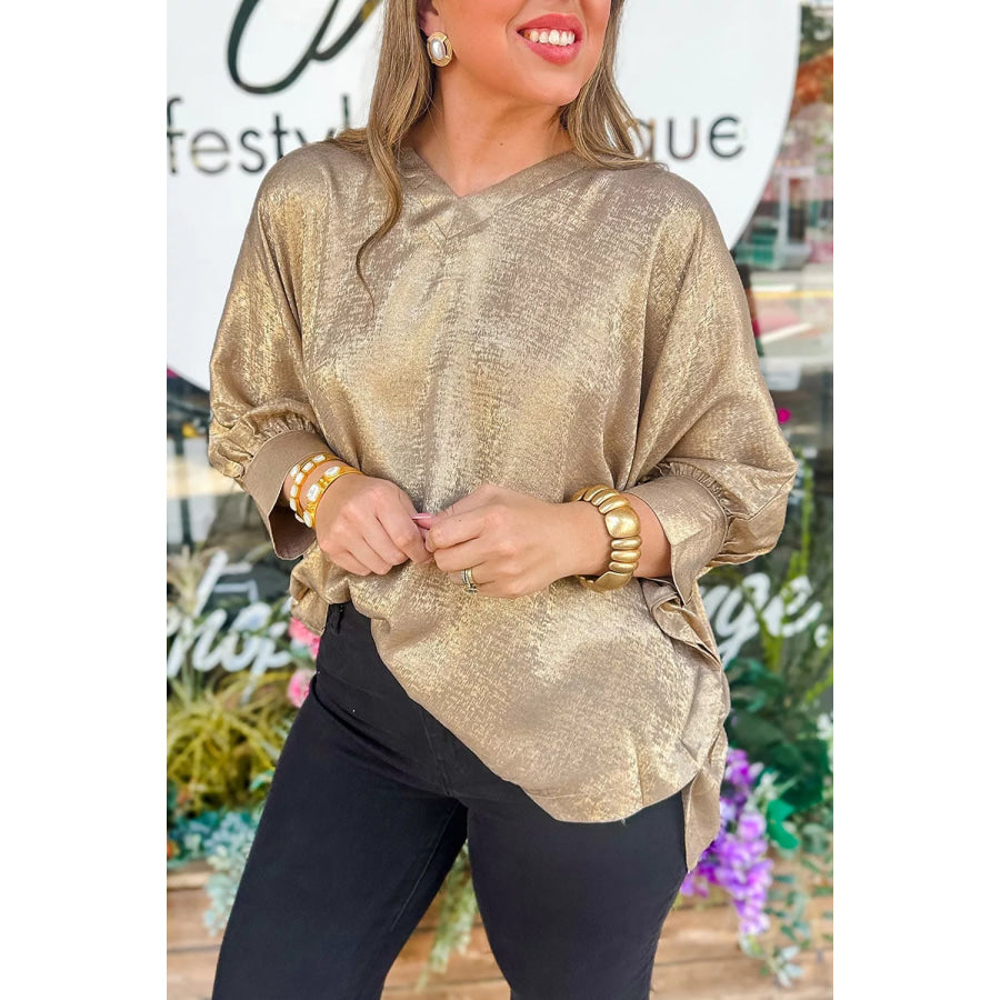 Metallic V Neck Button Cuffed Long Sleeve Dolman Blouse Apparel and Accessories