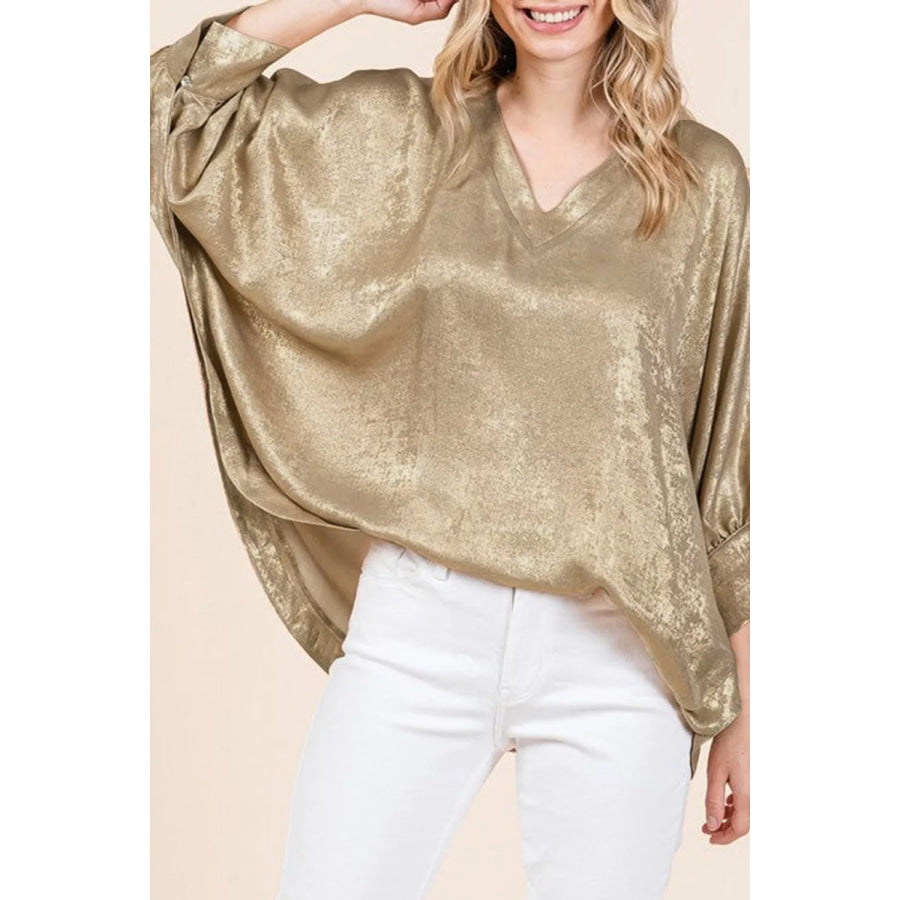 Metallic V Neck Button Cuffed Long Sleeve Dolman Blouse Apparel and Accessories