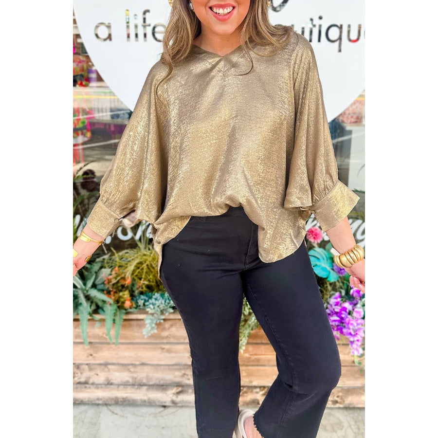 Metallic V Neck Button Cuffed Long Sleeve Dolman Blouse Gold / S Apparel and Accessories