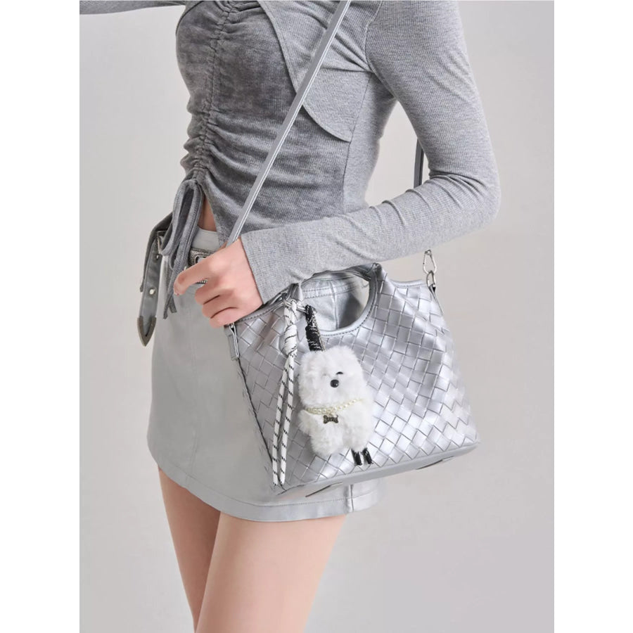 Metallic Woven Shoulder Bag with Cute Plush Bear Charm Silver / onesize Apparel and Accessories