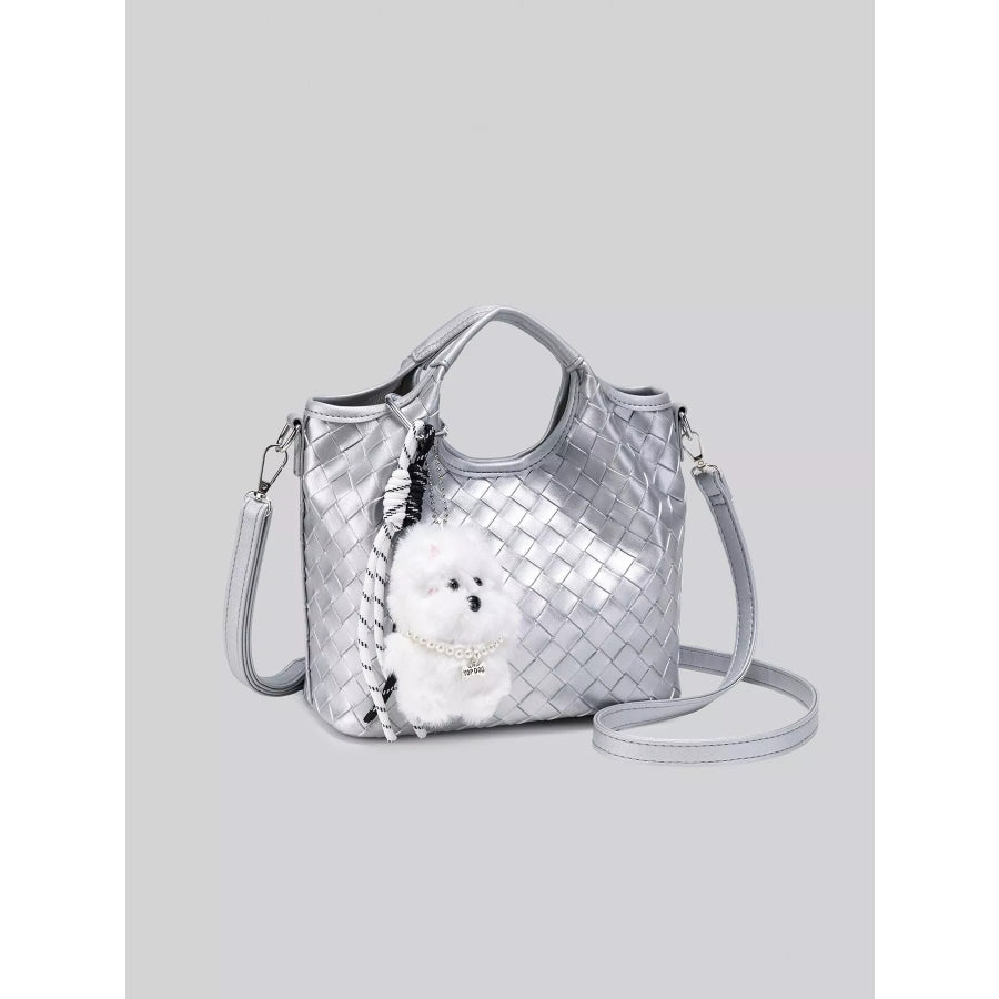 Metallic Woven Shoulder Bag with Cute Plush Bear Charm Silver / onesize Apparel and Accessories
