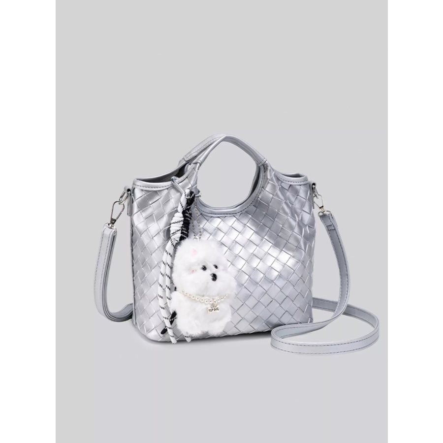 Metallic Woven Shoulder Bag with Cute Plush Bear Charm Silver / onesize Apparel and Accessories