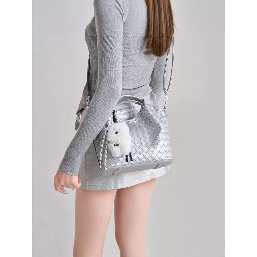 Metallic Woven Shoulder Bag with Cute Plush Bear Charm Silver / onesize Apparel and Accessories